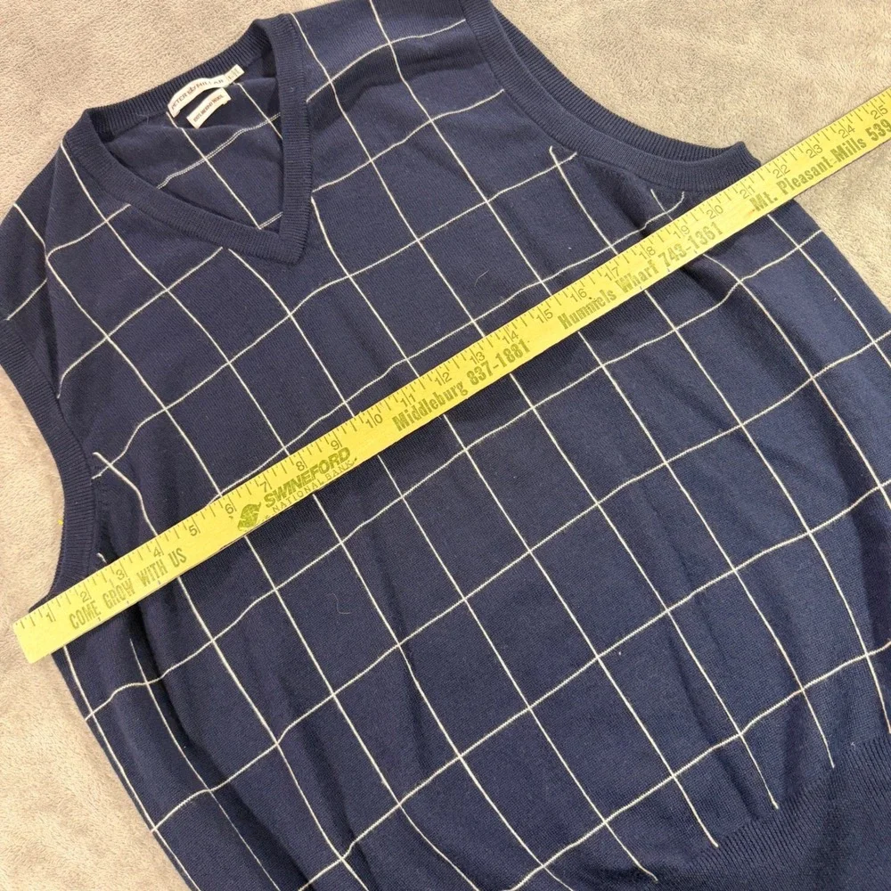 Peter Millar Sweater Vest Mens L Navy Blue Extrafine Merino Wool Windowpane